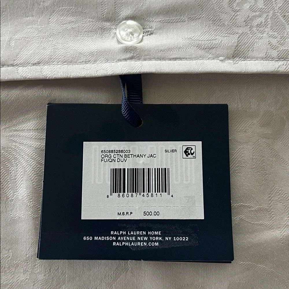 Ralph Lauren Home Organic Cotton Bethany Jacquard Silver Queen Duvet Cover, NWT